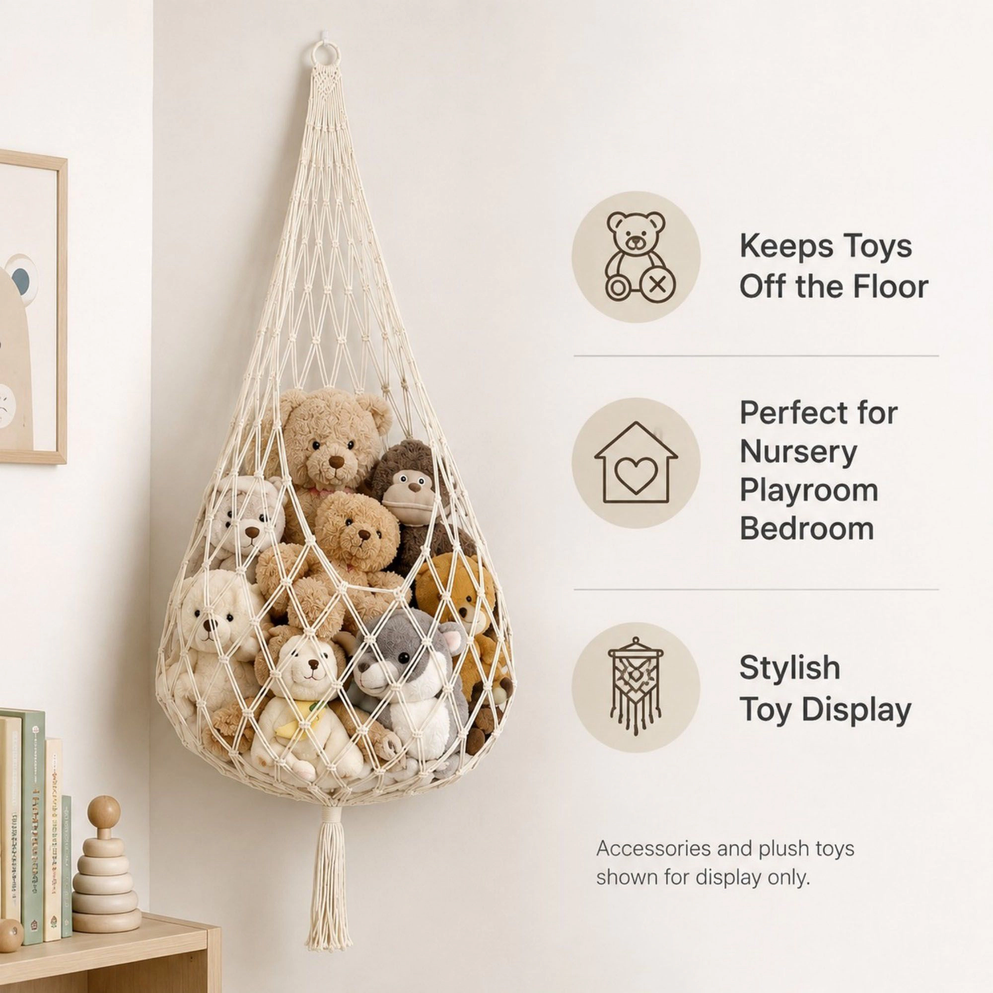 Alilang Unisex Macrame Hanging Stuffed Animal Storage Net Cotton Rope Corner Organizer
