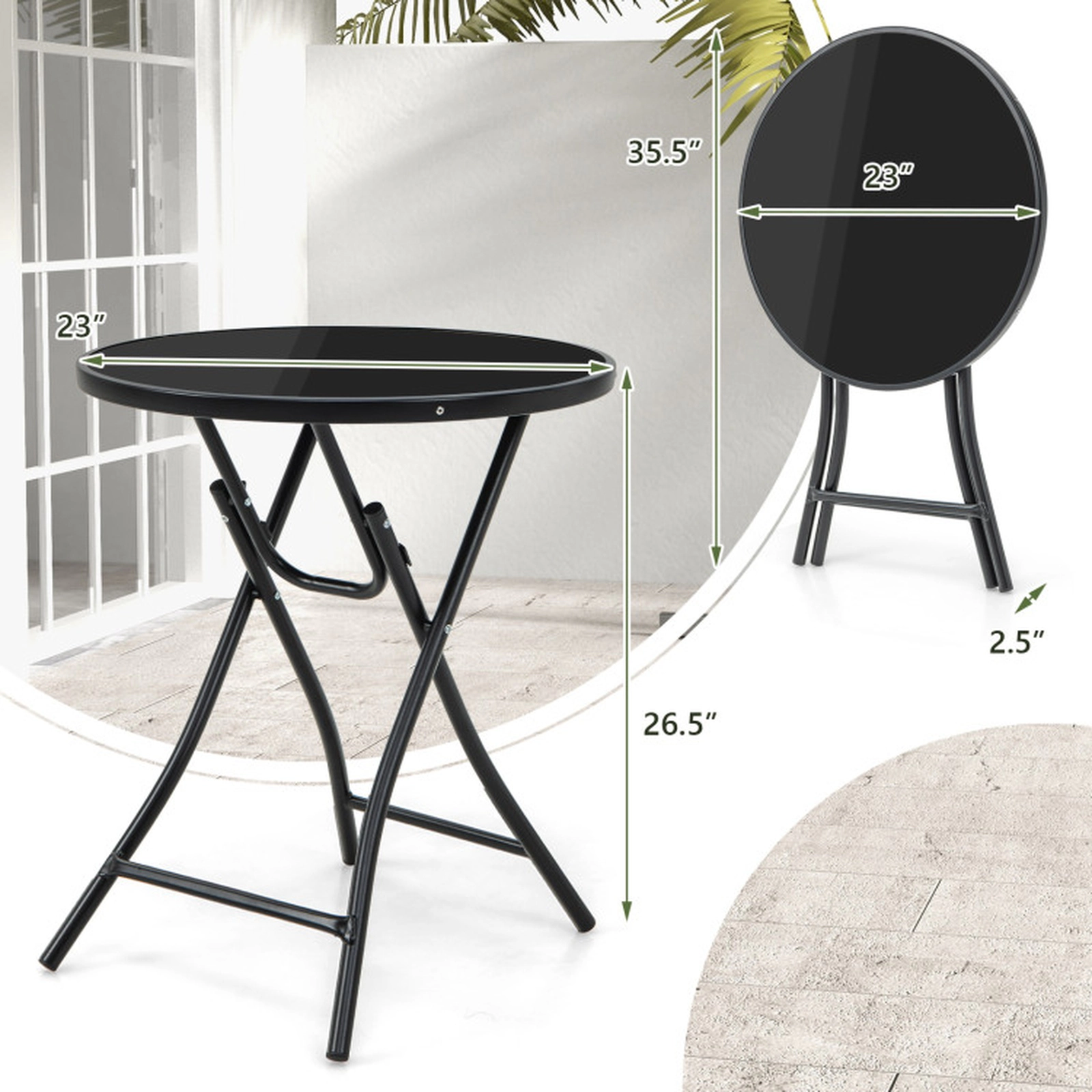SUGIFT Folding Tempered Glass Top Round Bistro Table 23-in Dia x 26.5-in H 110-lb Capacity 13.5-lb Net Weight Black