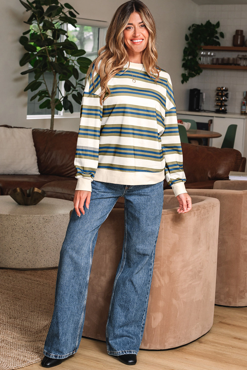 Threaded Pear Women's Rose Stripe Crew Neck Pullover Sweatshirt