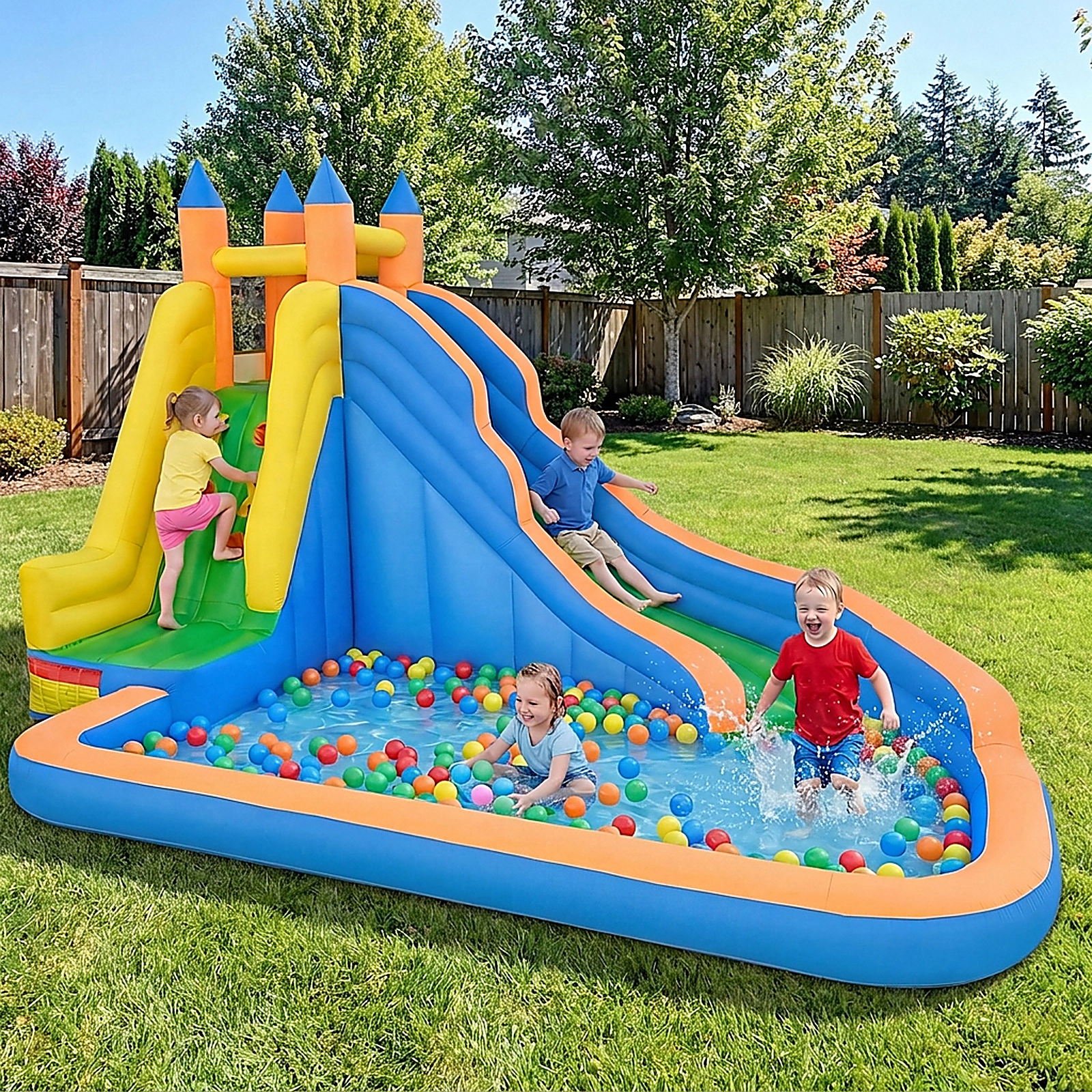 SUGIFT Curved Slide Climbing Wall and 680W Blower 3-in-1 Kids Inflatable Water Slide