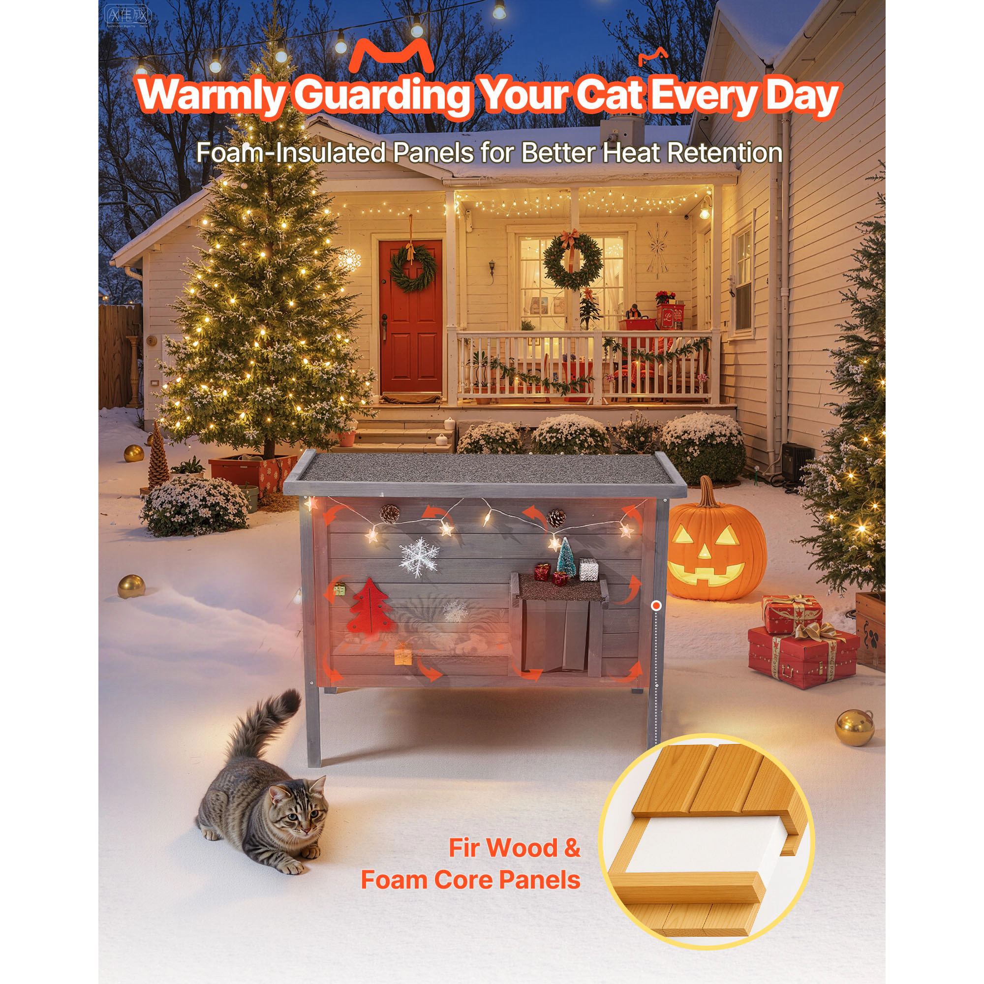 HONGGE Outdoor Wooden Cat House Shelter for Feral Cats Winter with Waterproof Roof