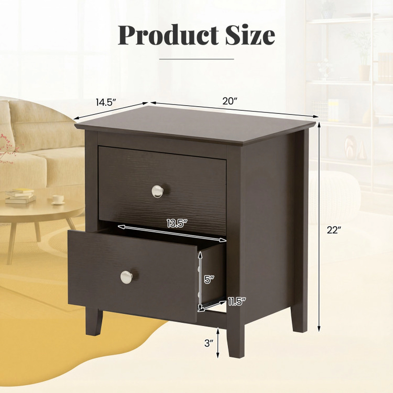SUGIFT Set of 2 Rustic Brown Modern Nightstands with Drawer