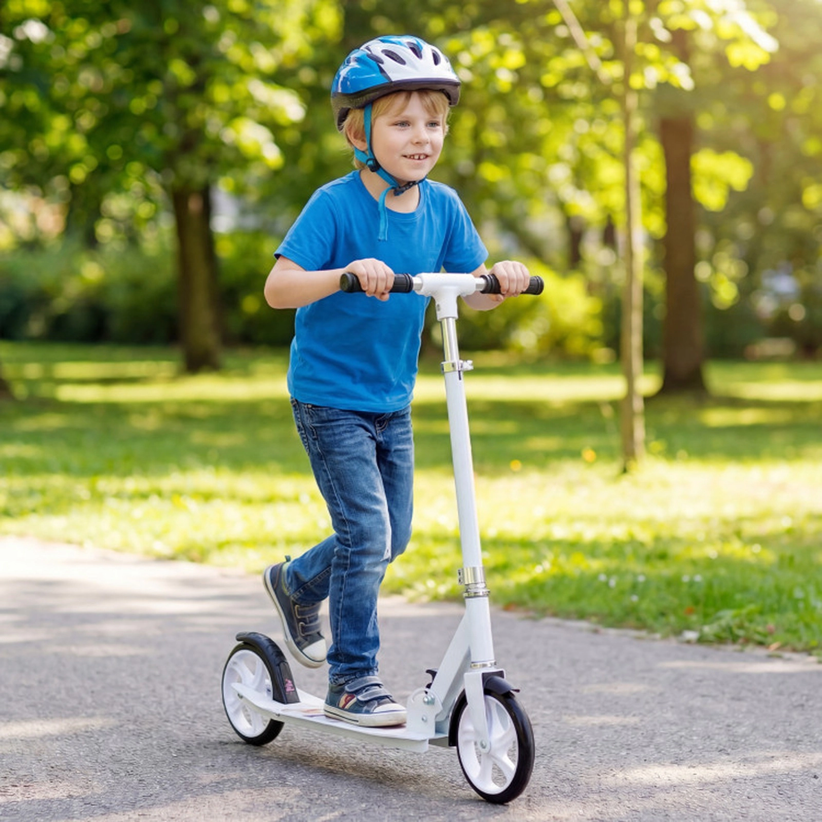 SUGIFT White Folding Kick Scooter, 220 lb Capacity, 8 in PU Wheels, Adjustable 3-Height Handlebar