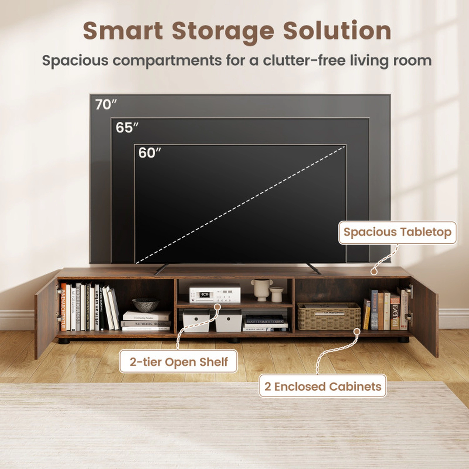 SUGIFT Modern TV Stand for up to 70 in TVs Minimalist Entertainment Center 155-lb Tabletop Capacity with 2 Doors & Open