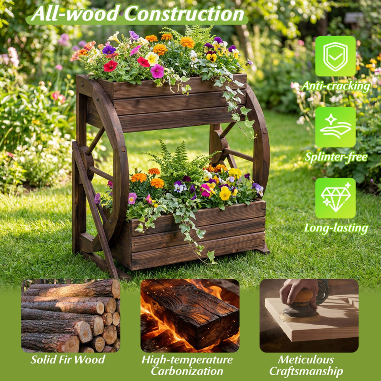 SUGIFT 2-Tier 22-lb Per-Tier Coffee Fir Wood Wagon Raised Garden Bed with Semi-Wheels and Drainage Hole