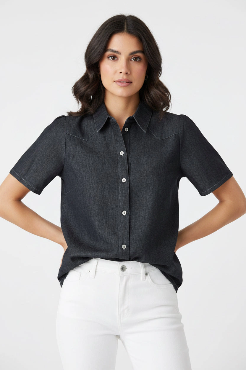 DressAtR Women's Black Denim Half Sleeve Button Up Collar Shirt