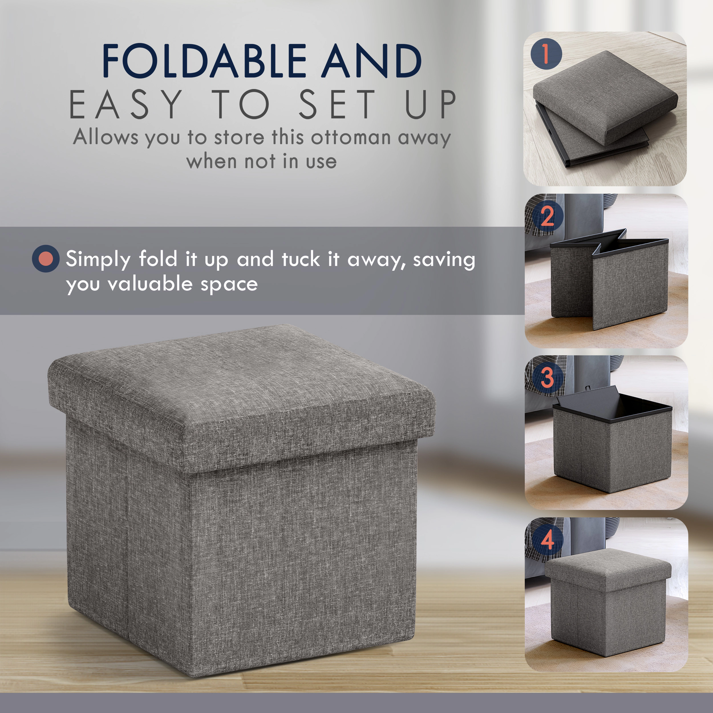 Ornavo Home Collapsible Small 12" Inch Square Storage Ottoman