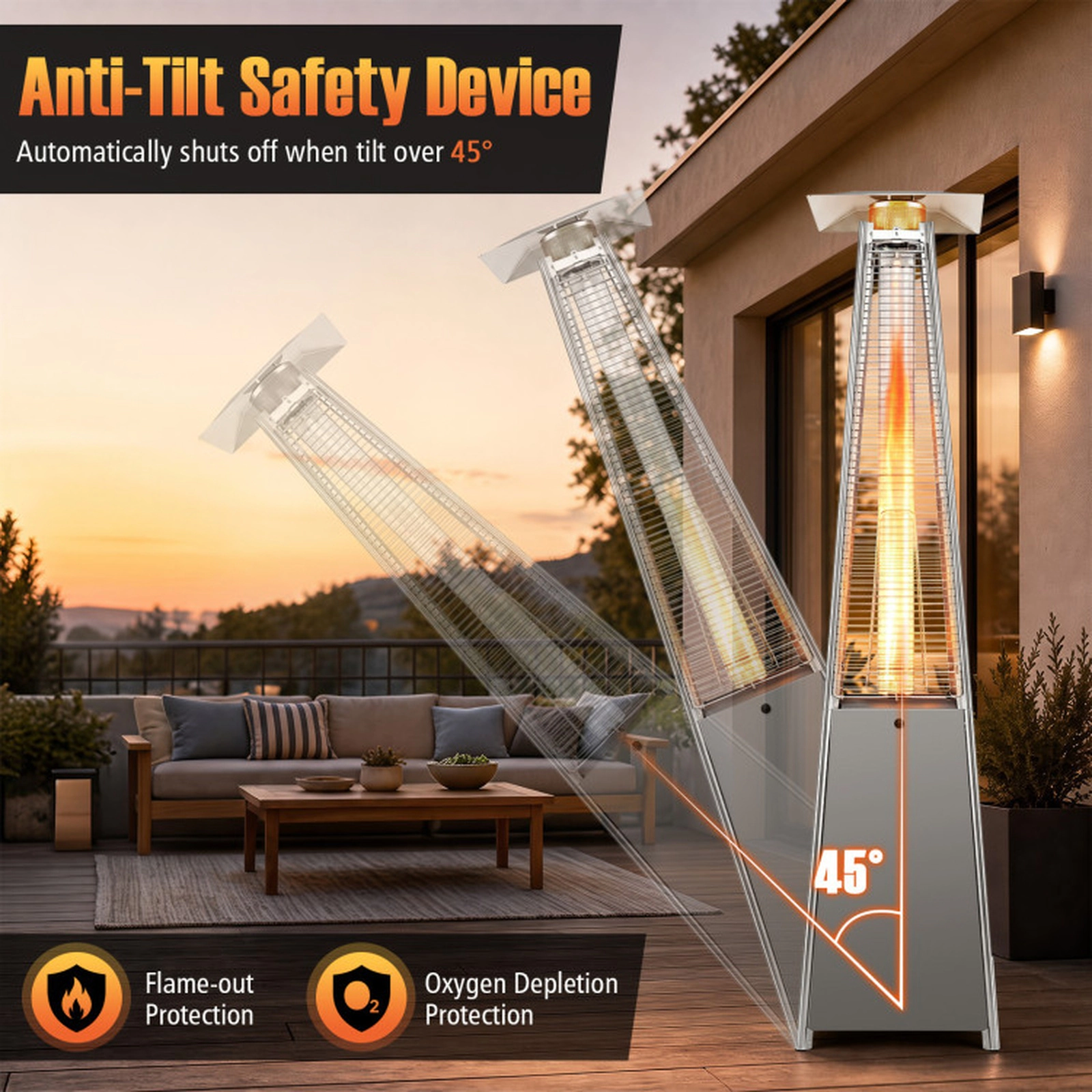SUGIFT 45000 BTU Pyramid Patio Heater with Triple Safety Protection and Zippered Cover Silver Black Gray