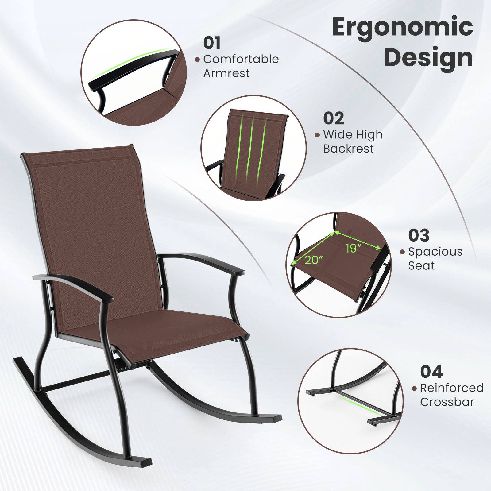 SUGIFT Set of 2 Brown Outdoor Metal Rocking Chairs, 330-lb Capacity