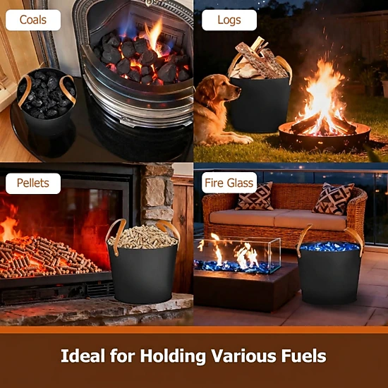 SUGIFT Set of 2 Powder Coated Wood Handles 11.5 Gal 5.8 Gal Metal Fireplace Ash Buckets 17.5-in x 17.5-in x 14-in Black