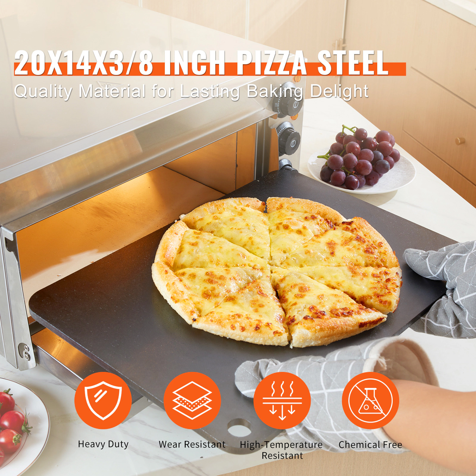 HONGGE Pre-Seasoned Carbon Steel Pizza Steel, 20 x 14 x 3/8 In Baking Plate for Oven and Outdoor Grill