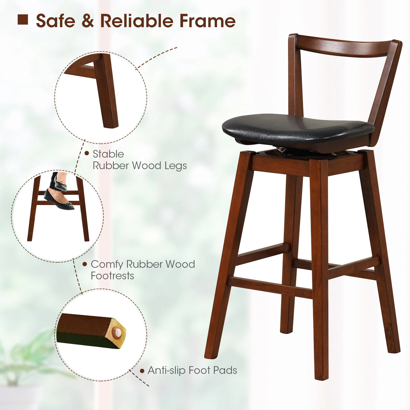 SUGIFT Swivel Upholstered PU Leather Bar Stool with Backrest and Cushioned 30.5-in Seat 335-lb Capacity Walnut and Black