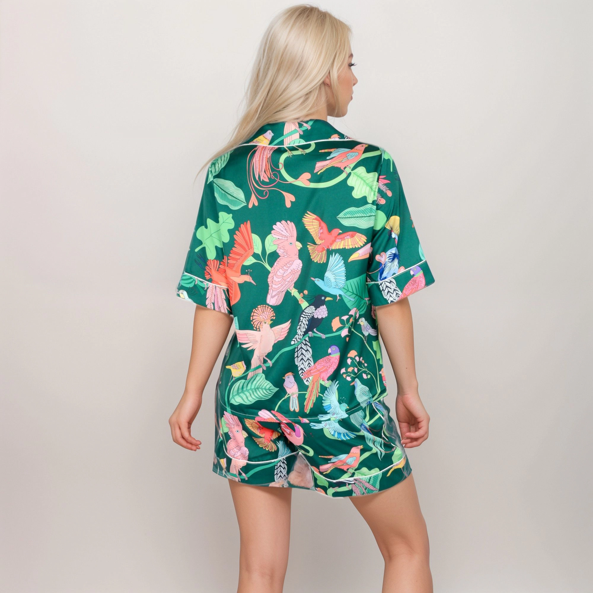 Anna-Kaci Women's Tropical Bird Print Satin Pajama Set Short Sleeve Button Up Top and Relaxed Fit Elastic Waist Shorts