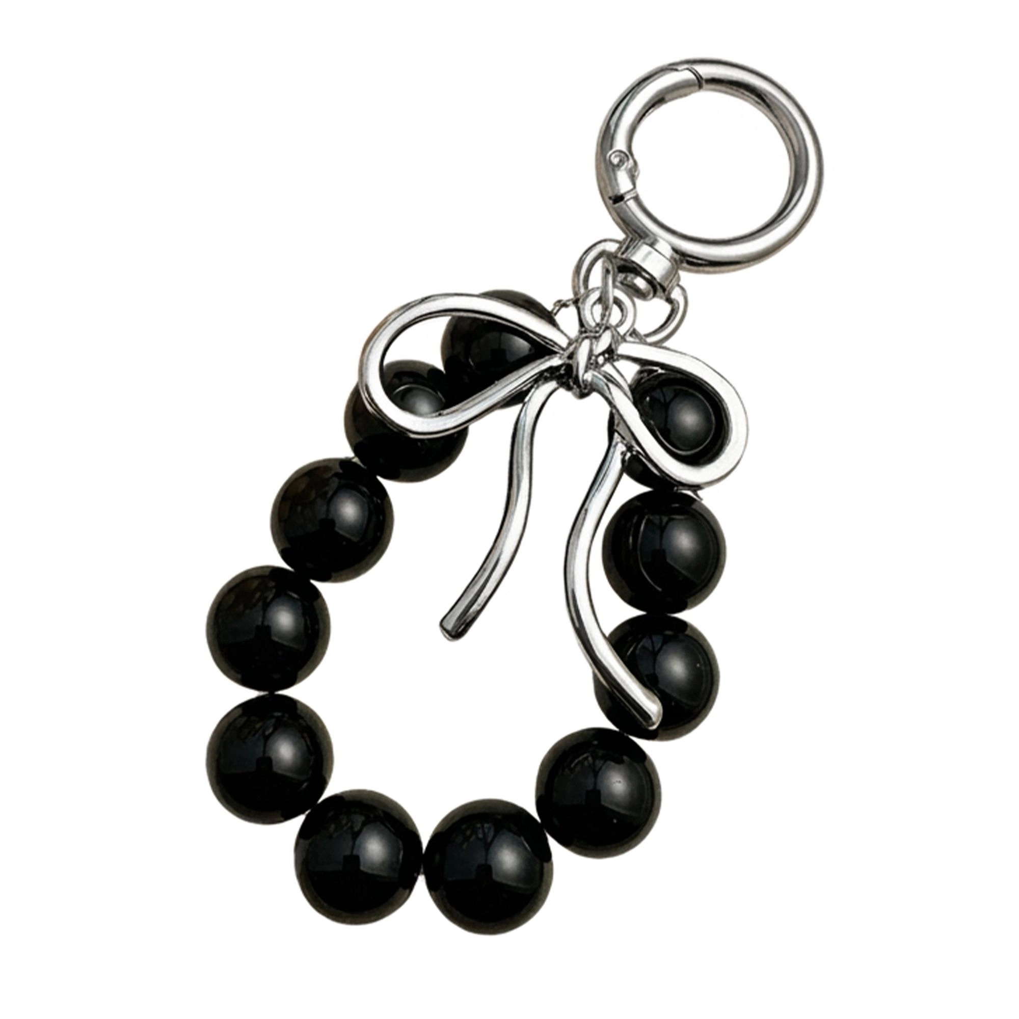 Alilang Women's Beaded Bow Keychain with Round Bead Loop and Metal Clip Bag Charm, Black