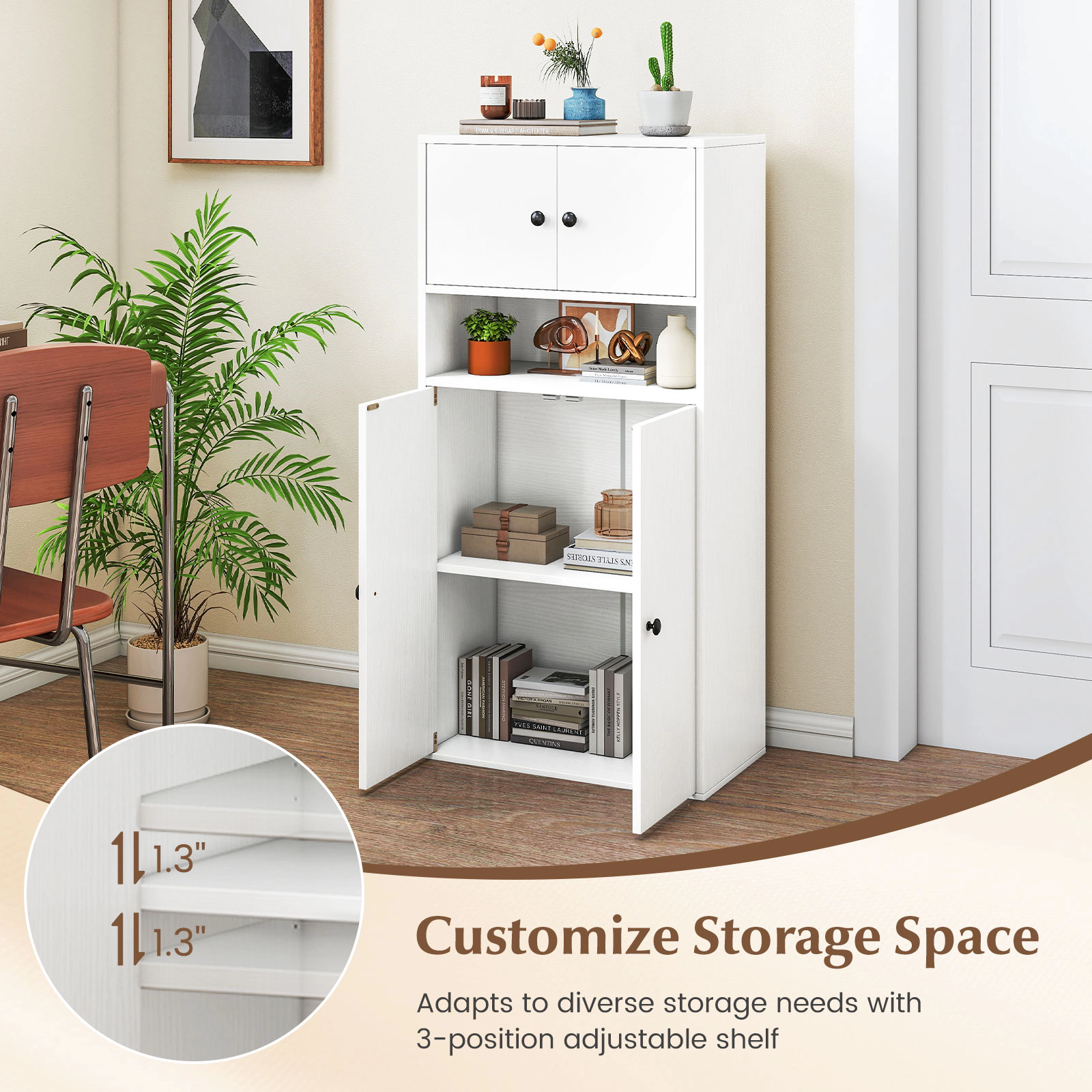 SUGIFT White 44 in Tall Bookshelf with Doors and 5-Position Adjustable Shelf