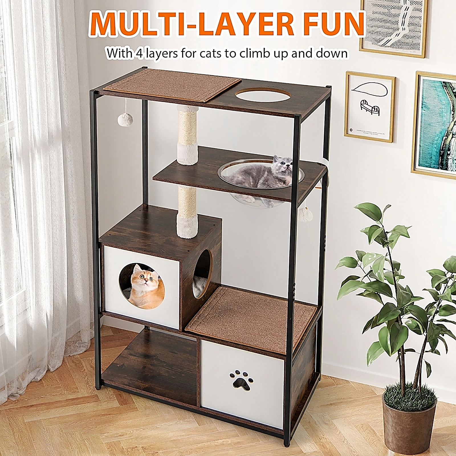SUGIFT 52-in Coffee Wooden Cat Tree with Metal Frame 2 Condos Faux Rabbit Fur Cushions and Footpads