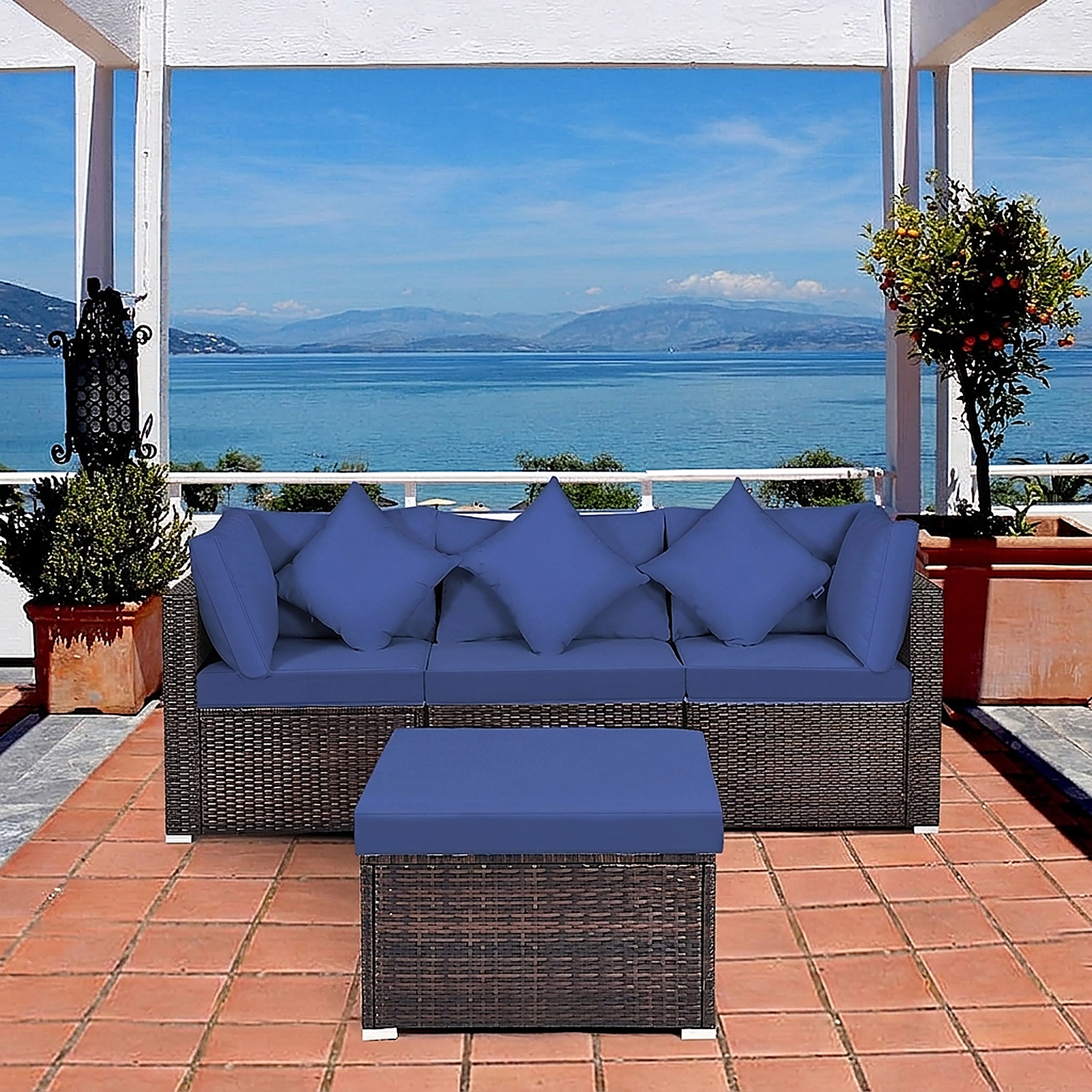 SUGIFT 4-Piece PE Rattan Wicker Patio Sectional Sofa Set Ottoman 360-lb Capacity Navy Cushions 4-in Thick Seat Cushions