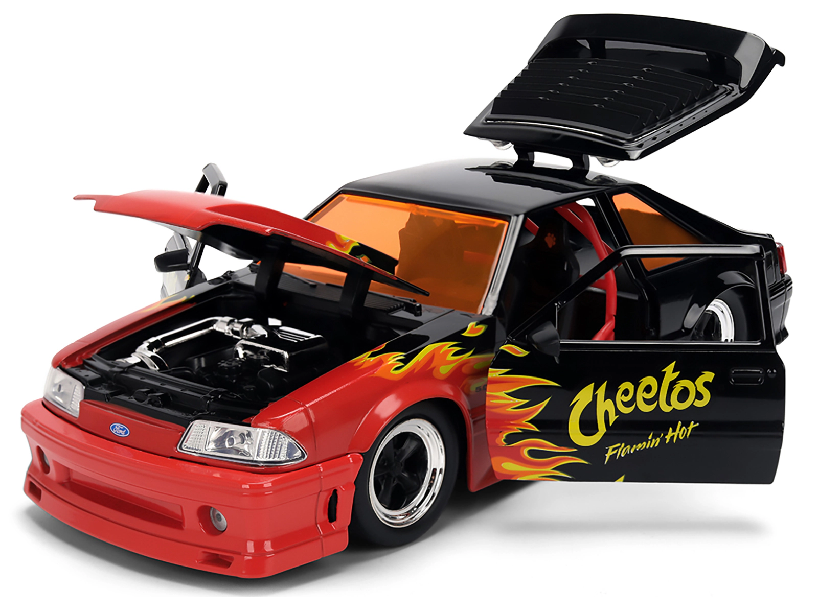 Jada 1989 Ford Mustang GT Black with Red Flame Graphics and Chester Cheetah Diecast Figure "Cheetos Flamin'