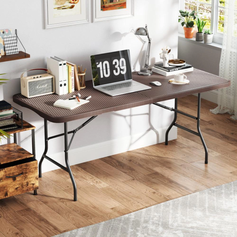 Hivvago 6 Ft Portable Folding Table With Rattan-Like Hdpe Tabletop And Safe Lock Mechanism-Brown