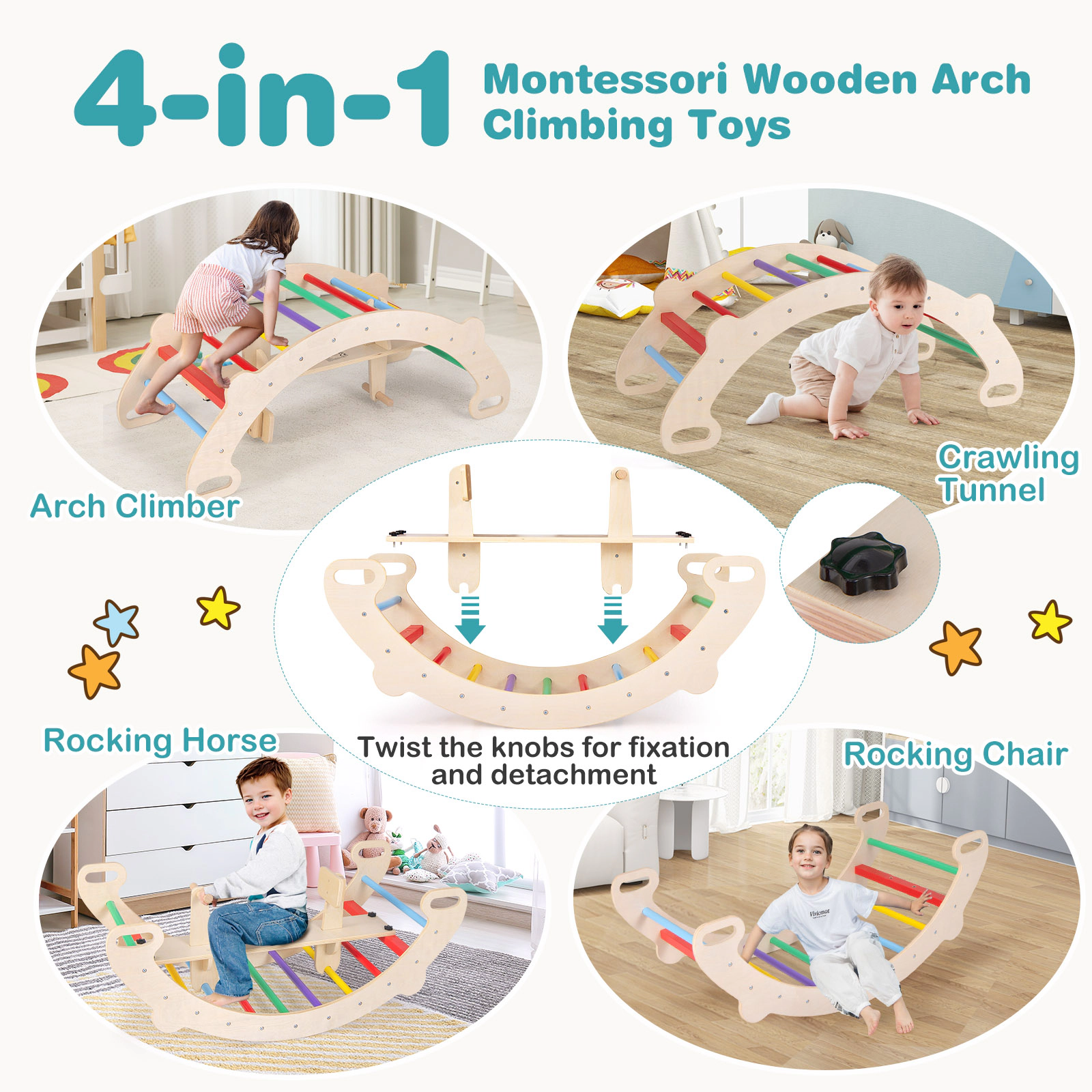 LJG Kids 4-in-1 Multifunctional Wooden Climbing Toys with Rocker and Crawling Tunnel