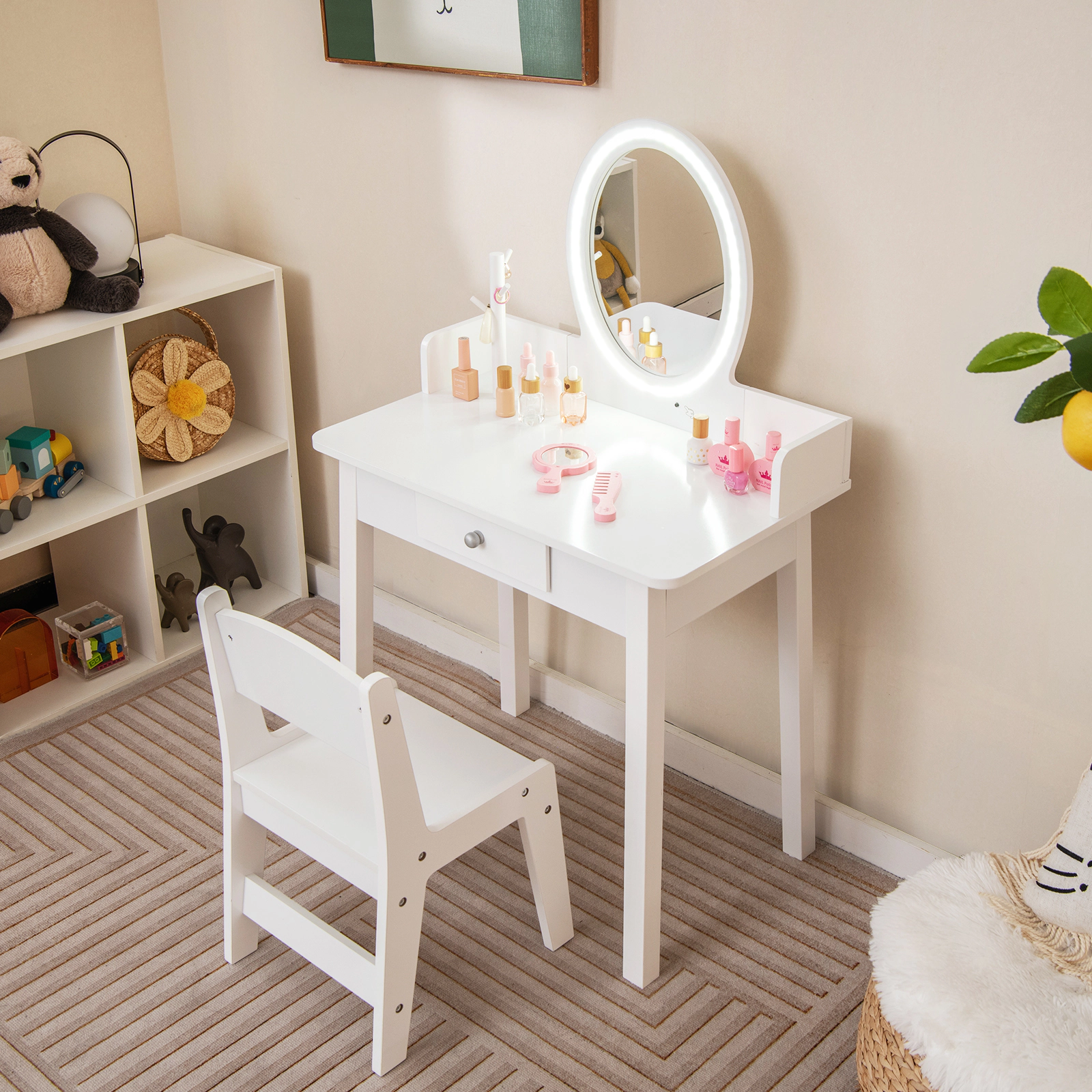 SUGIFT White LED Lighted Mirror Detachable Mirror Drawer and Stool Kids Vanity Set