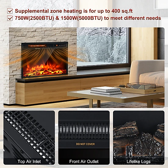 SUGIFT 18-In Electric Fireplace Heater, Freestanding or Recessed, 5 ...