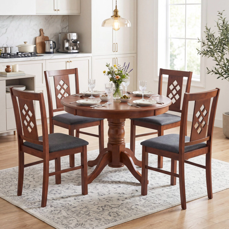 SUGIFT Cherry Linen Style Upholstered Diamond Lattice Back Wood Frames Set of 4 Kitchen Chairs