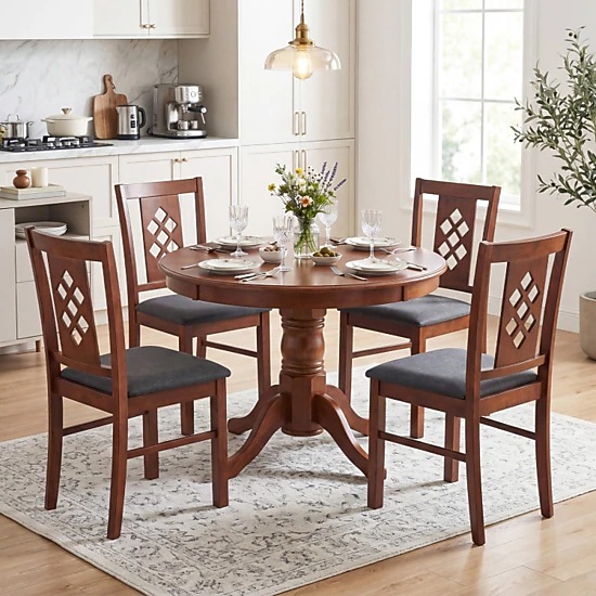 SUGIFT Set of 4 Cherry Linen Upholstered Kitchen Dining Chairs with Lattice Back 18-in W 35-in H 330-lb Per Chair