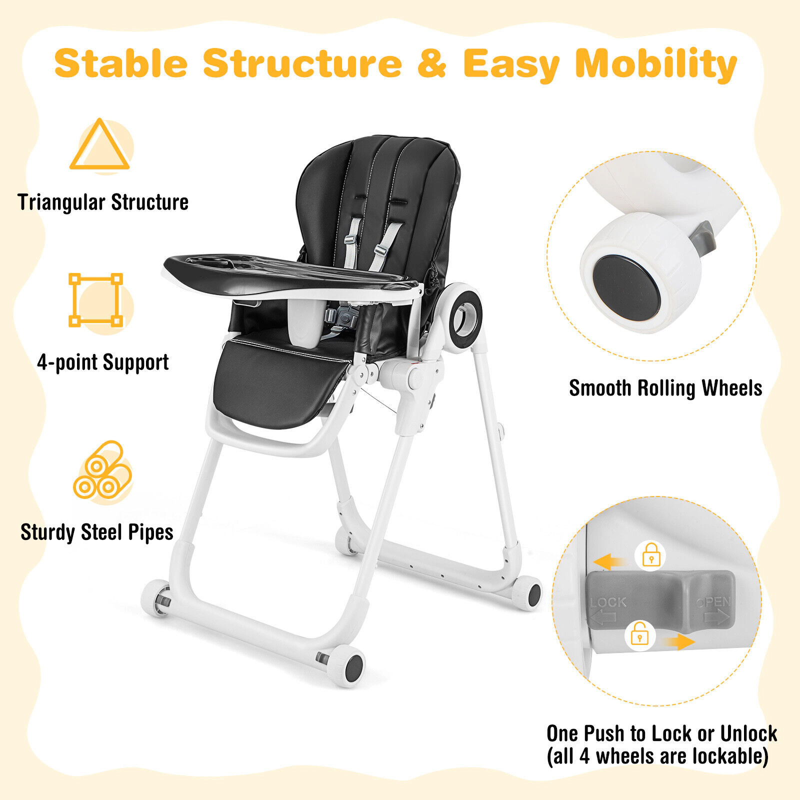SlickBlue Black Adjustable Baby High Chair with Folding Design, Double Tray