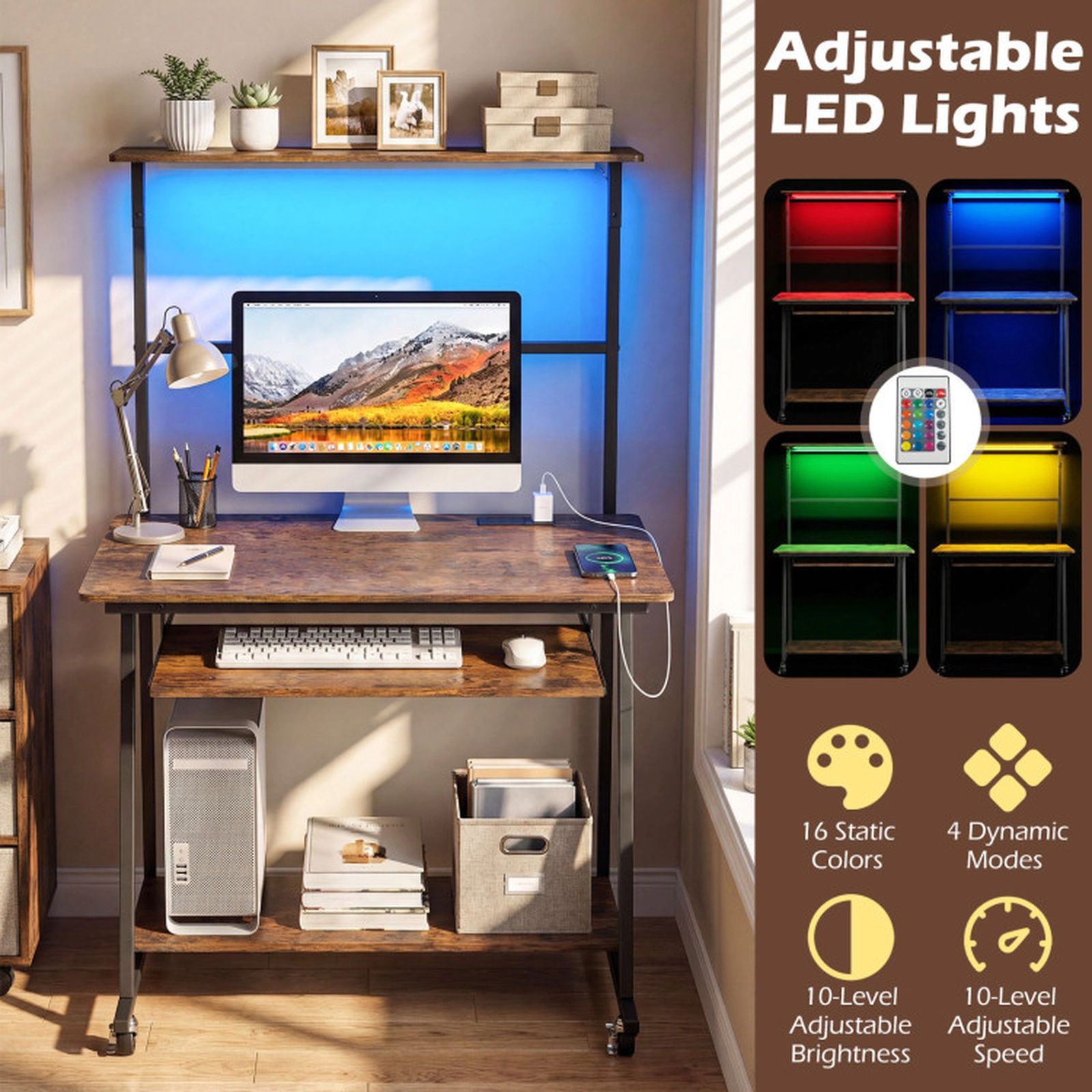 SUGIFT 4-Tier Small Computer Desk with Charging Station, LED Lights and Locking Wheels 165-lb Capacity Rustic Brown