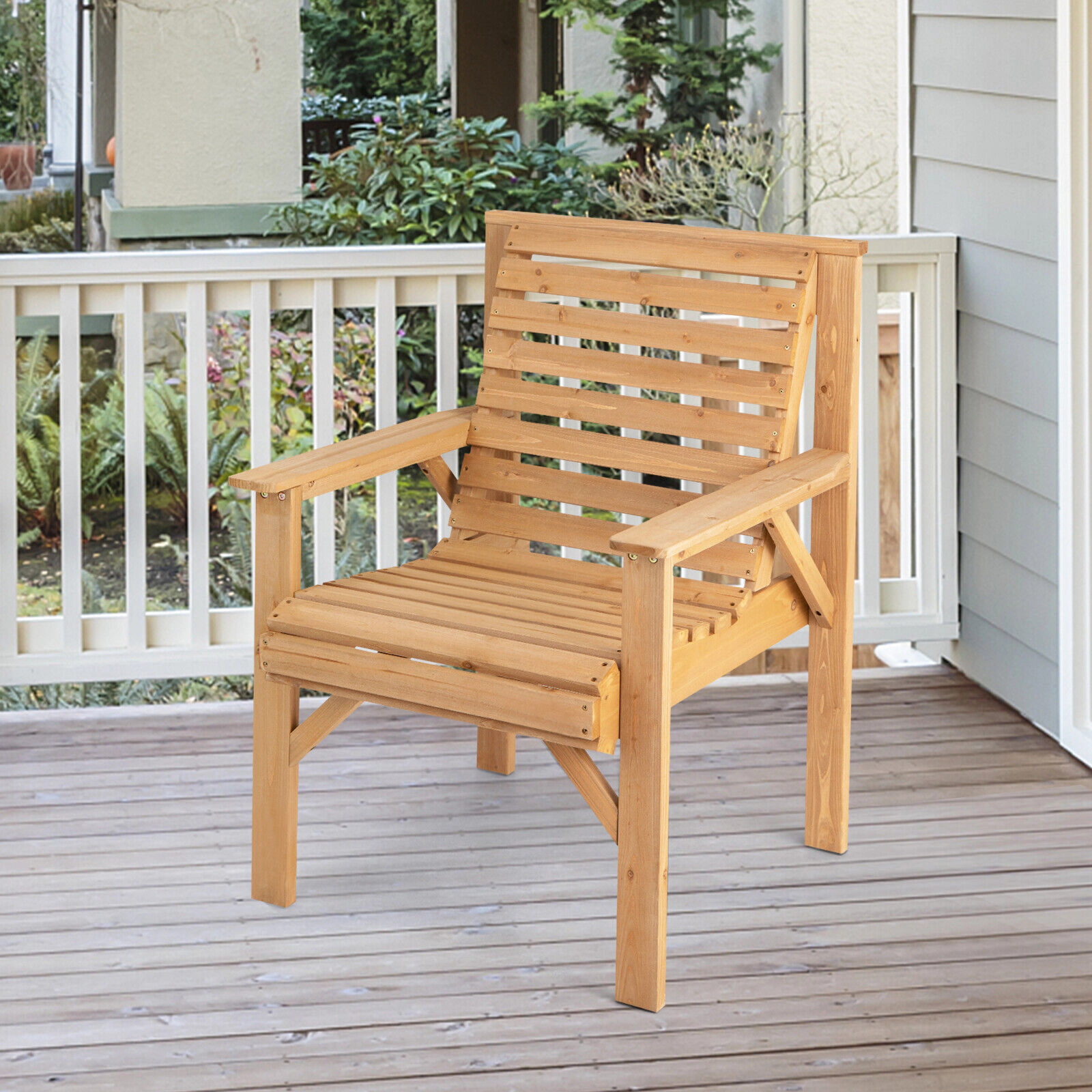 SUGIFT Natural Solid Fir Wood Outdoor Dining Armchair with Inclined Backrest 26-in W 26-in D 35-in H