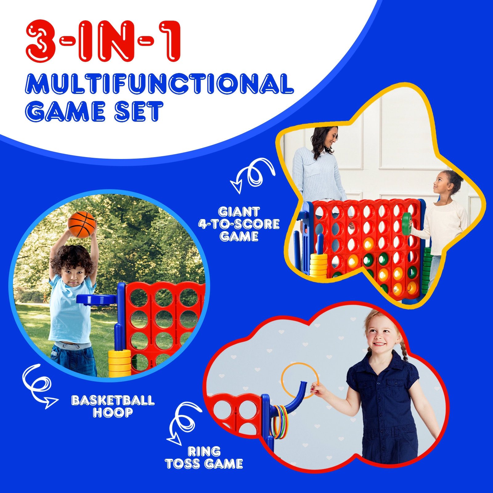 SUGIFT 3-in-1 Giant 4-to-Score Game Set with Basketball Hoop and Ring Toss Combo Game Blue Green Red Orange