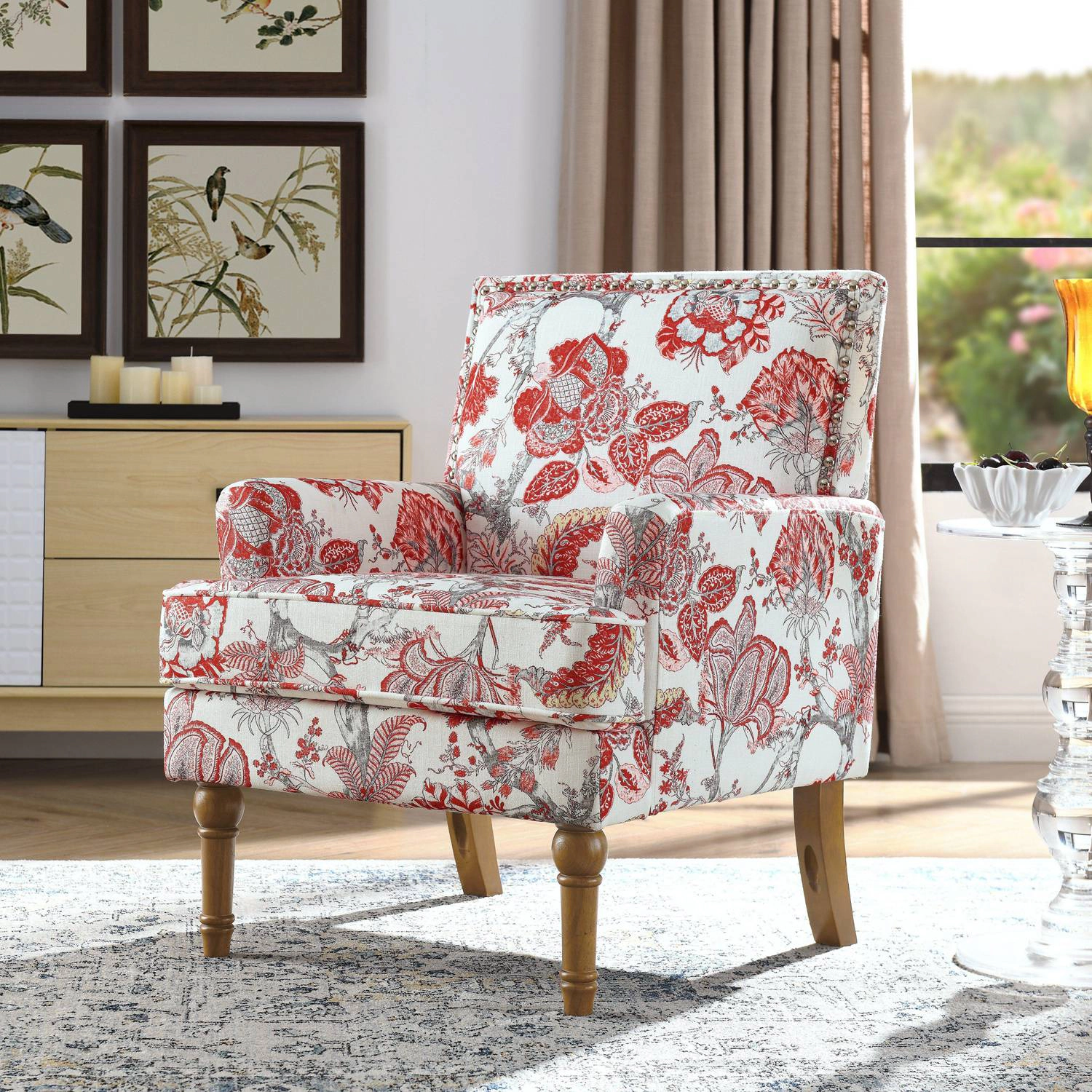 GBruno Floral Nailhead Accent Chair With Wood Legs