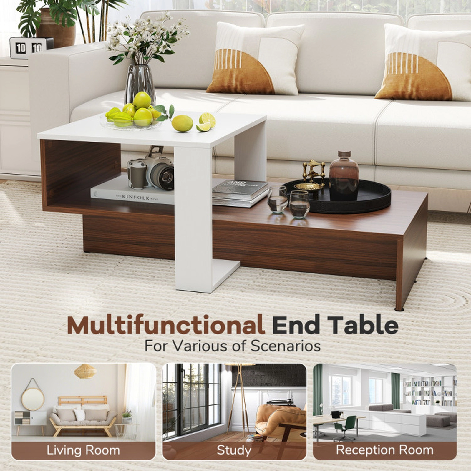 SUGIFT 2-Tier Geometric Interlocking Storage Shelf Brown Base Coffee Table 31-in x 16-in x 13-in 110-lb Capacity White