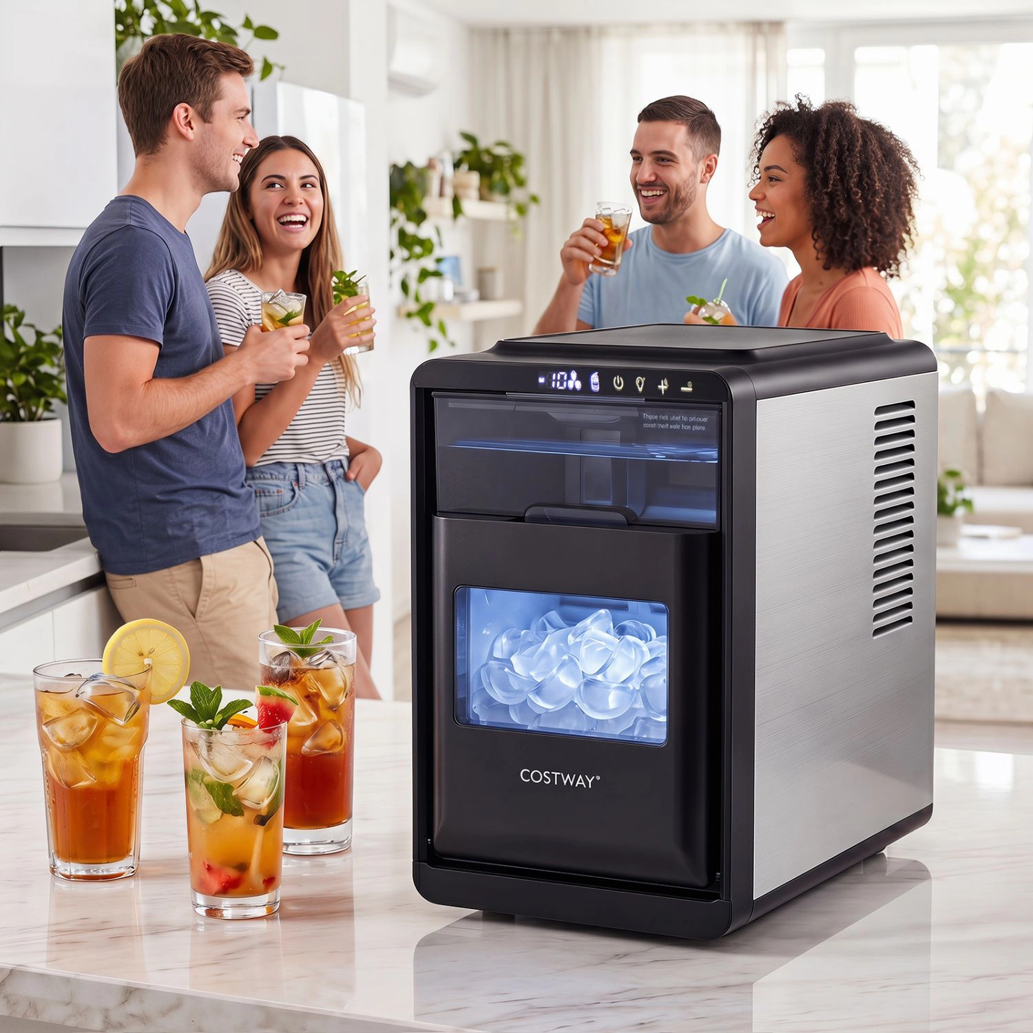 SlickBlue Grey Stainless Steel Ice Machine, 26 Lbs Daily, Crescent Ice