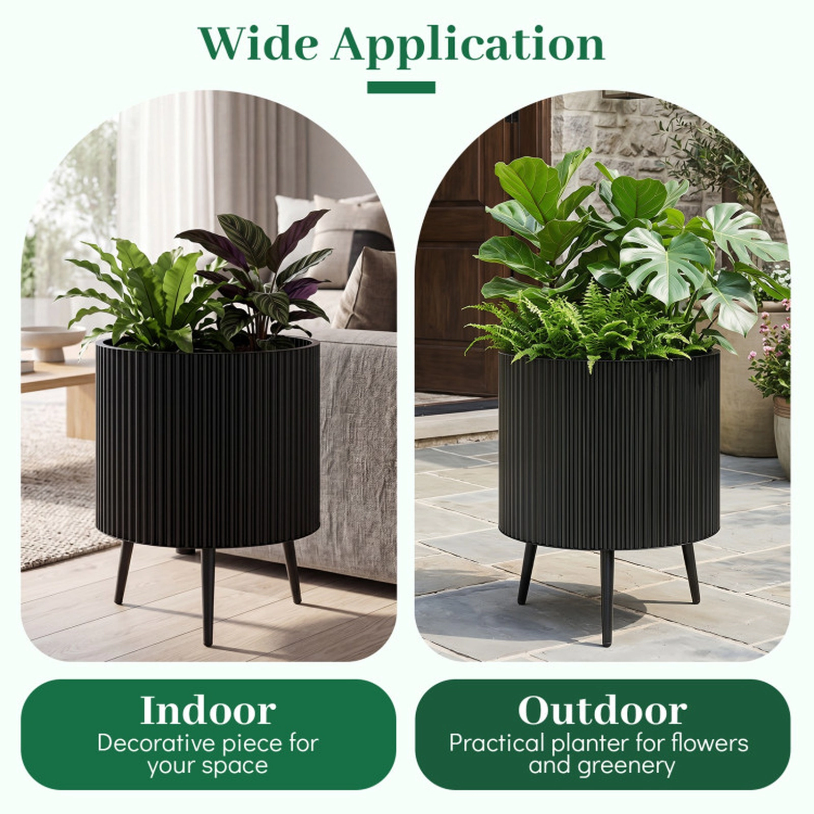SUGIFT Fluted Alloy Metal Plant Pot with Stand 110-lb Capacity 14 x 21 in 16.5 x 22 in 20 x 23 in 1-Piece Black