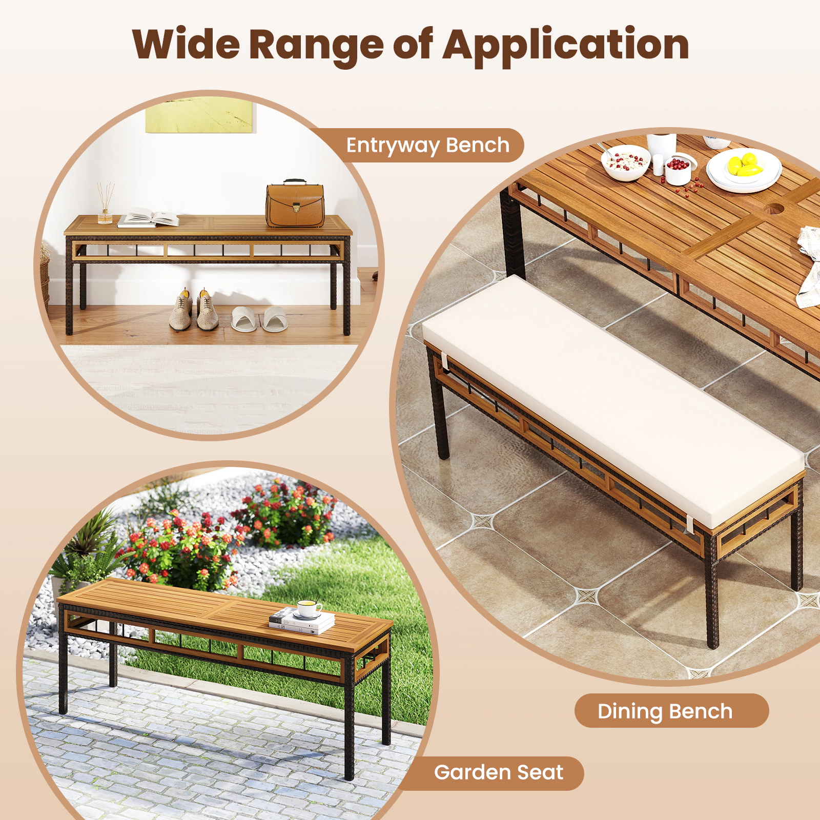 SUGIFT 3-Piece Acacia Wood Patio Dining Set, 63-Inch Table, 2 Benches, Umbrella Hole