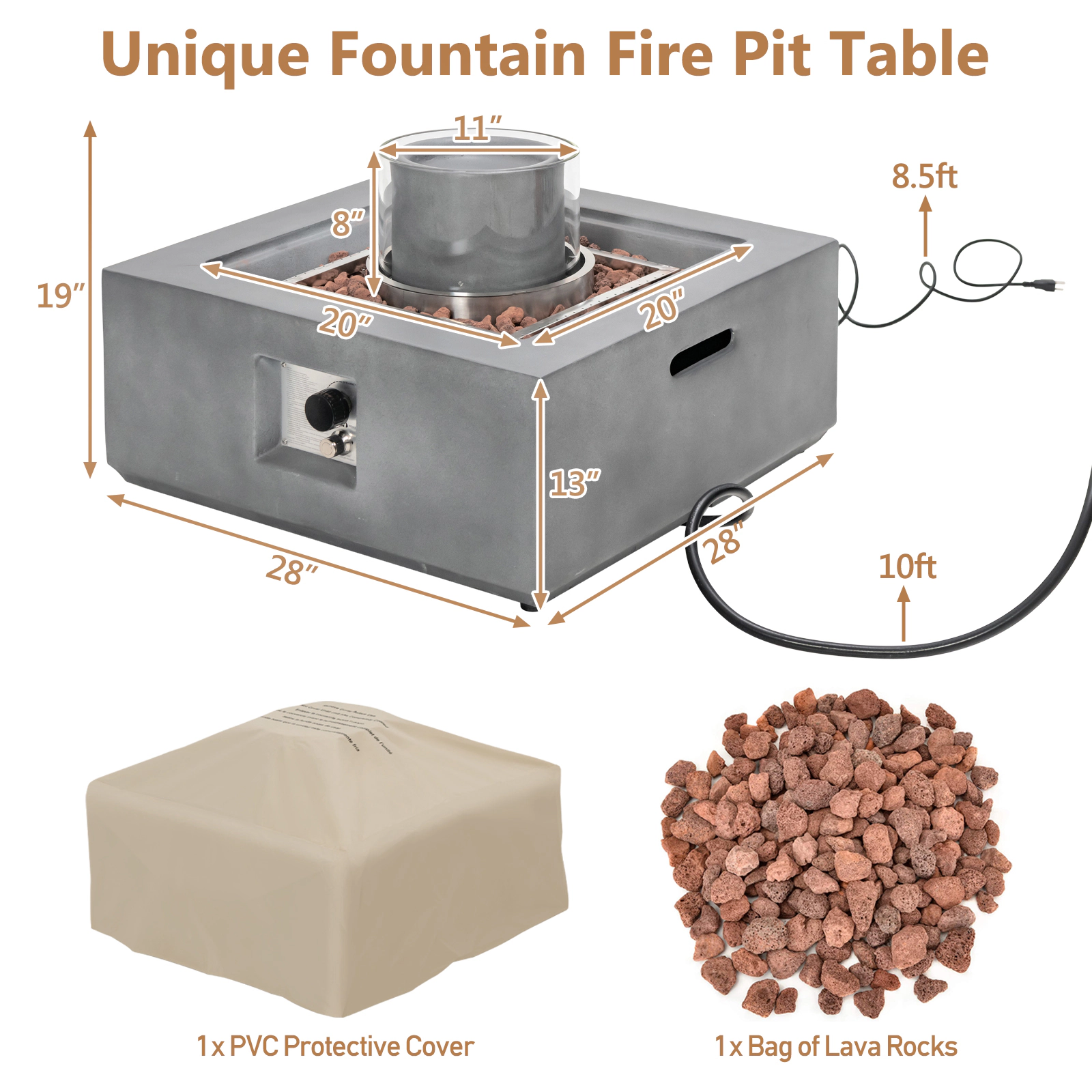 SUGIFT 28-In Square 50,000 BTU Gray Propane Fire Pit Table with Fountain
