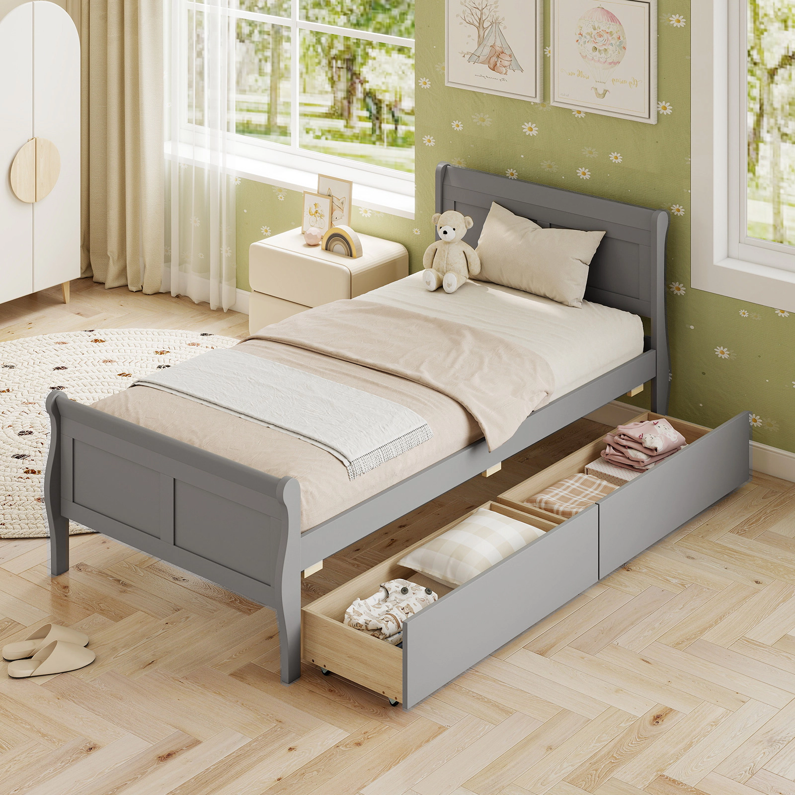 LJG Twin Size Sleigh Bed with 2 Storage Drawers Wood Platform Bed Frame