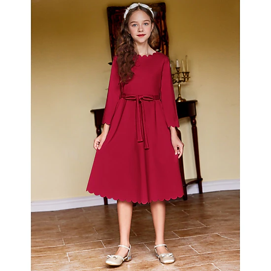 Arshiner Girl's Scallop Trim Belted A-Line Midi Dress with Pockets