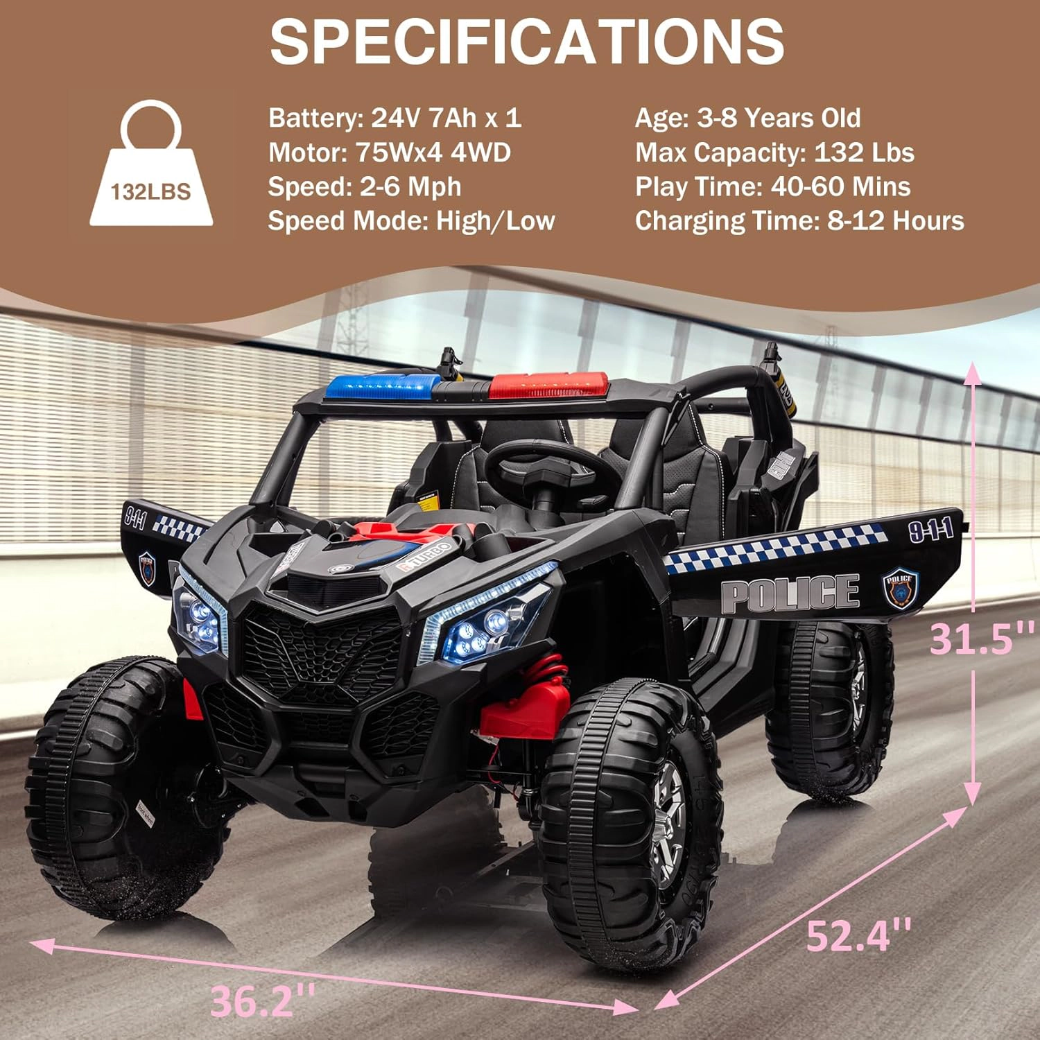 Enjyam 24V 2-Seater Kids UTV, 4WD Ride On Car w/Remote, 4×75W Motors, Leather Seats, Suspension, Music & LED Lights