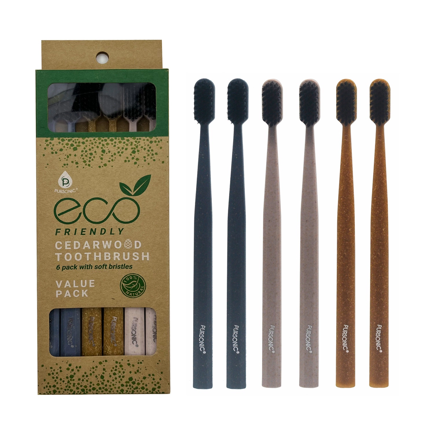 Pursonic Unisex 100% Eco-friendly Cedarwood Toothbrushes (6 Pack)