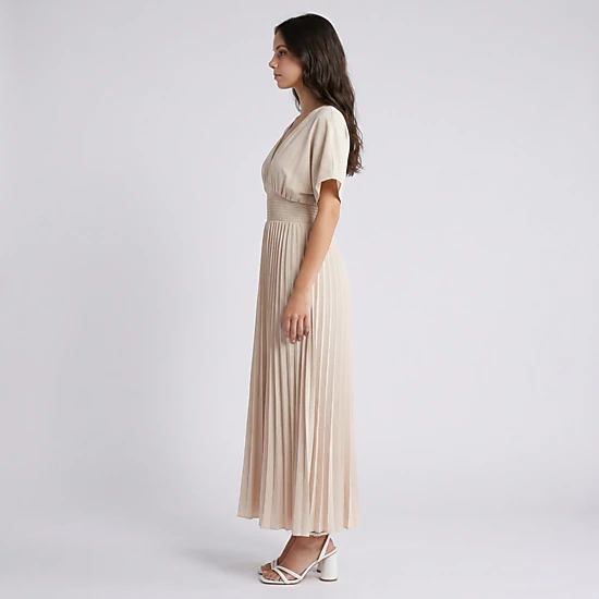 Anna-Kaci Women's Pleated V-Neckline Short Flutter Sleeves Smocked Waist A-Line Skirt Maxi Dress