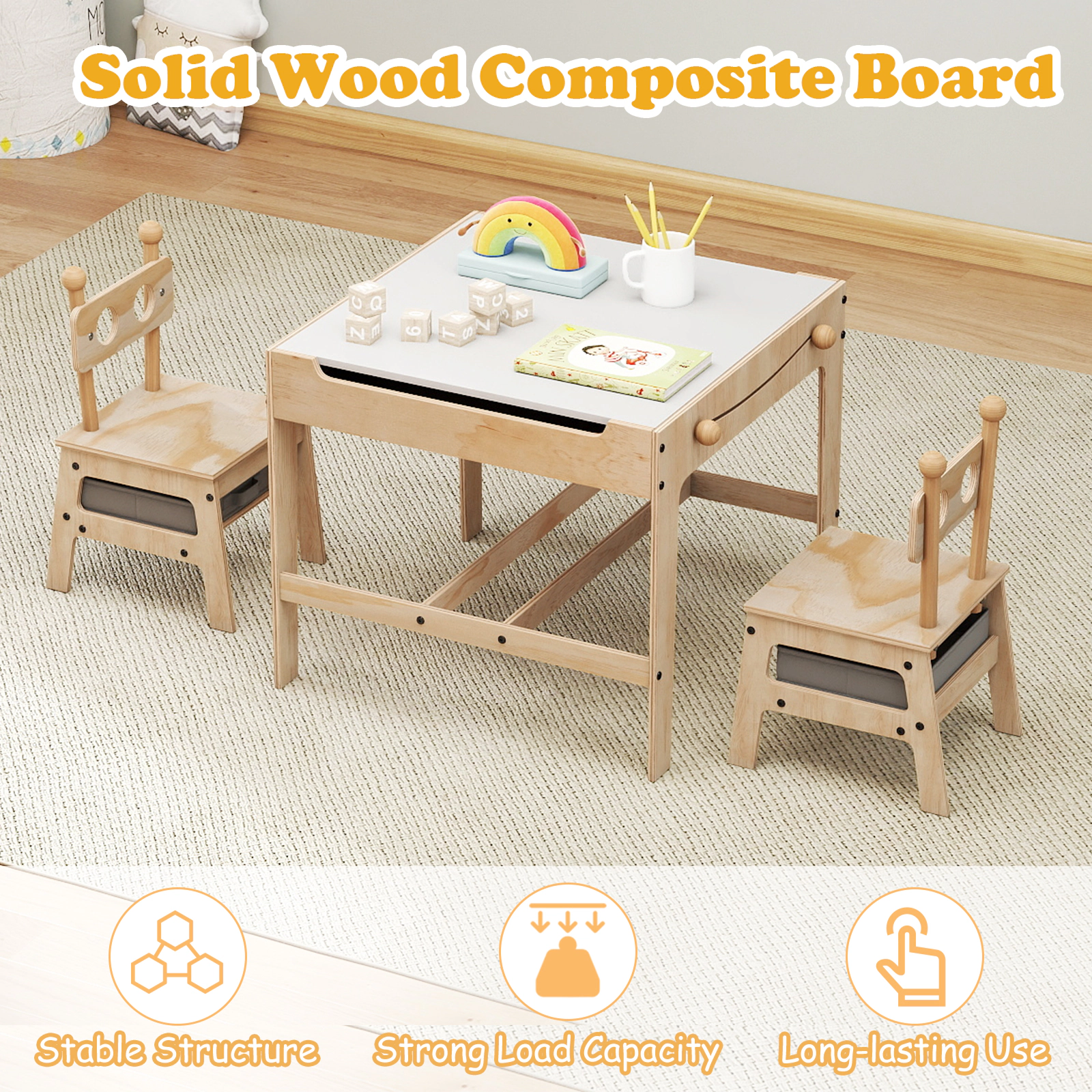 SUGIFT Kids Table and 2 Chairs Set Natural Robot-Shaped with Reversible Whiteboard
