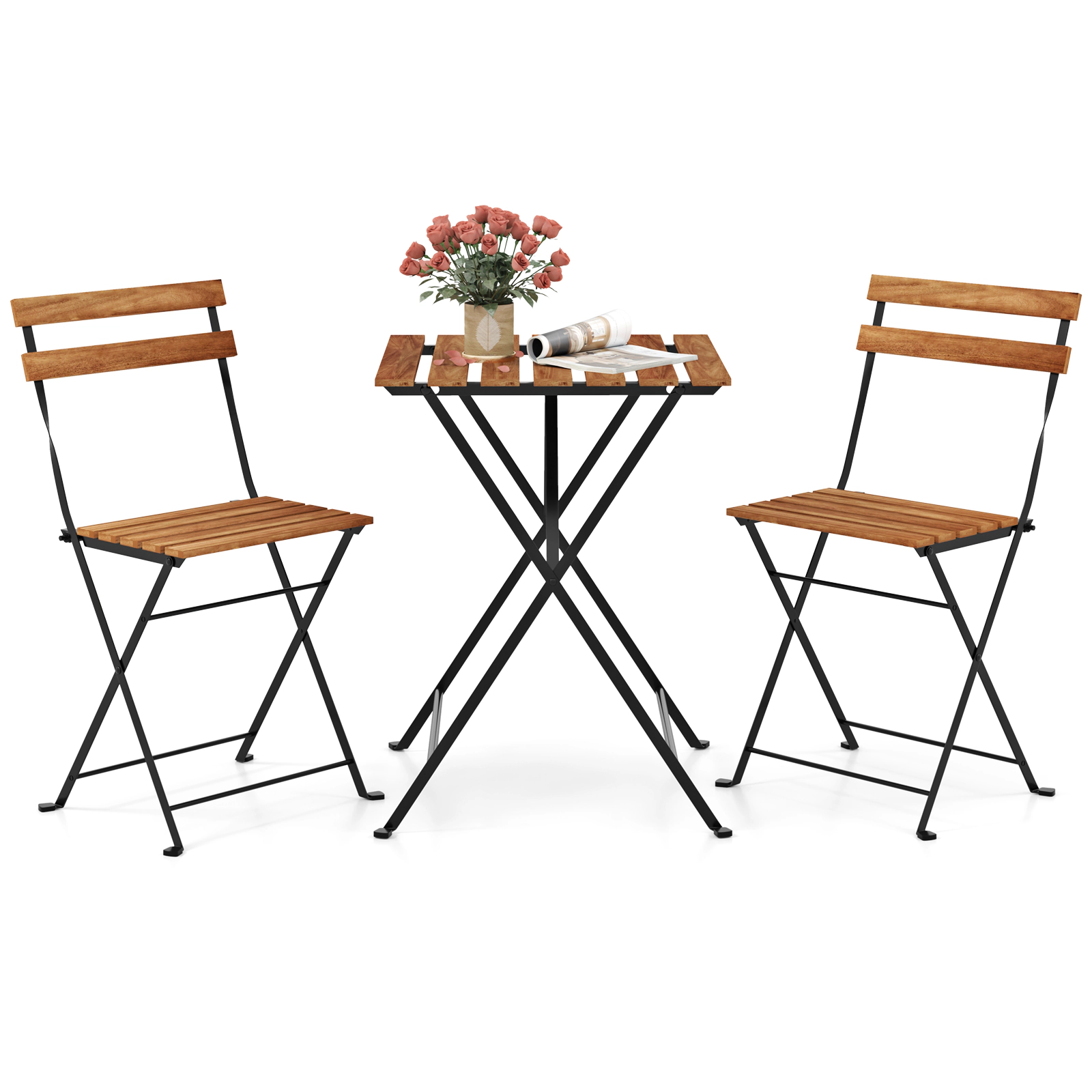 SUGIFT Folding Bistro Dining Set with Slatted Seat and Tabletop 330-lb Chair Capacity 165-lb Table Capacity Brown