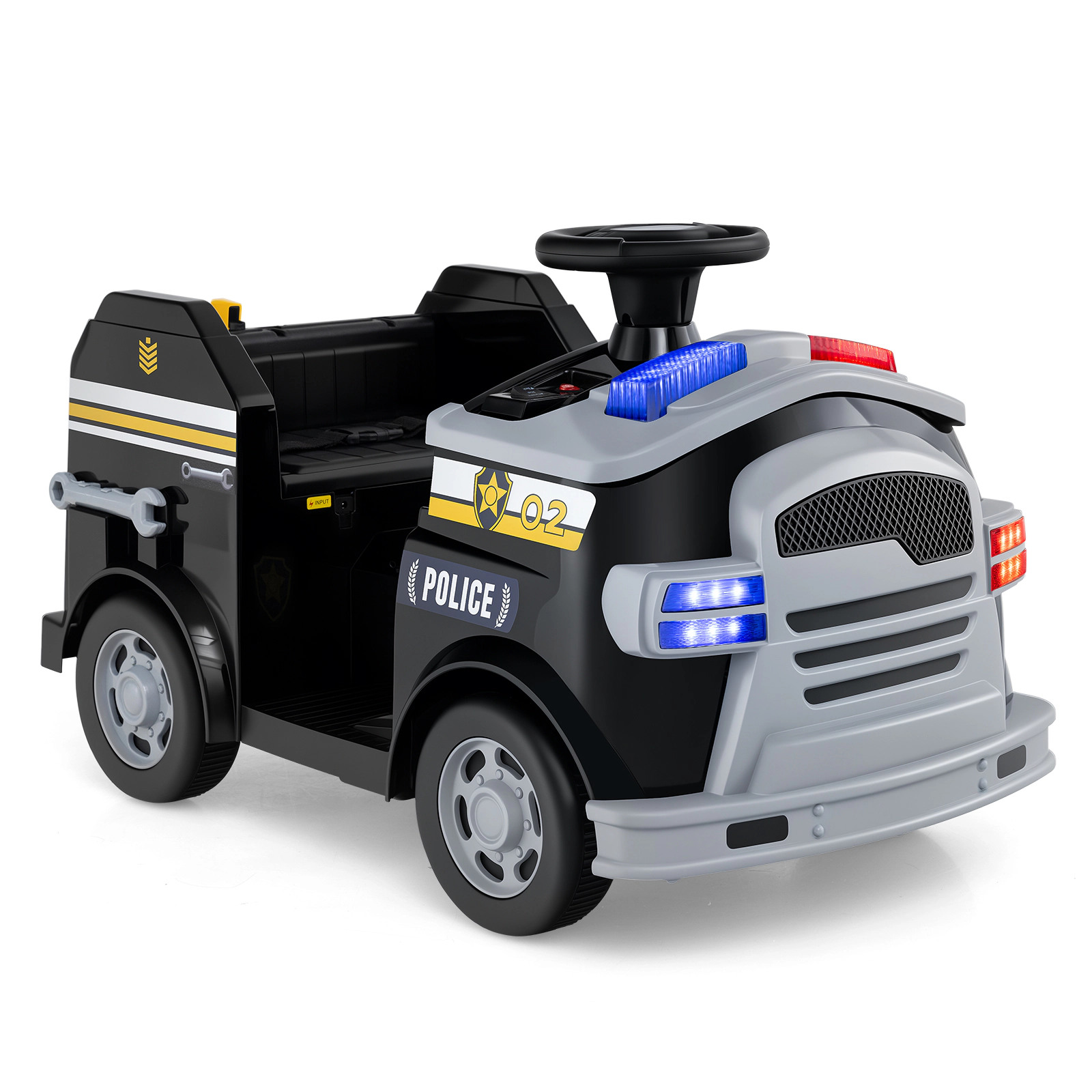 SUGIFT 12V Ride-On Fire Truck Toy Car with Shovel and Wrench 55-lb Capacity Ages 37-95 Months Black
