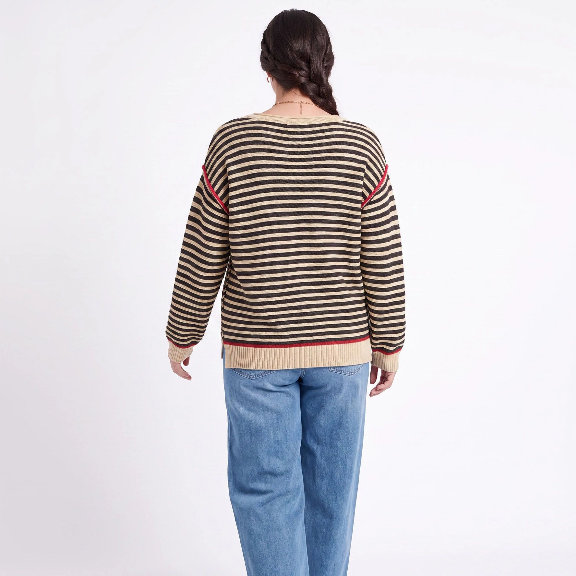 Anna-Kaci Women's Striped Contrast Trim Drop Shoulder Long Sleeve Knit Sweater