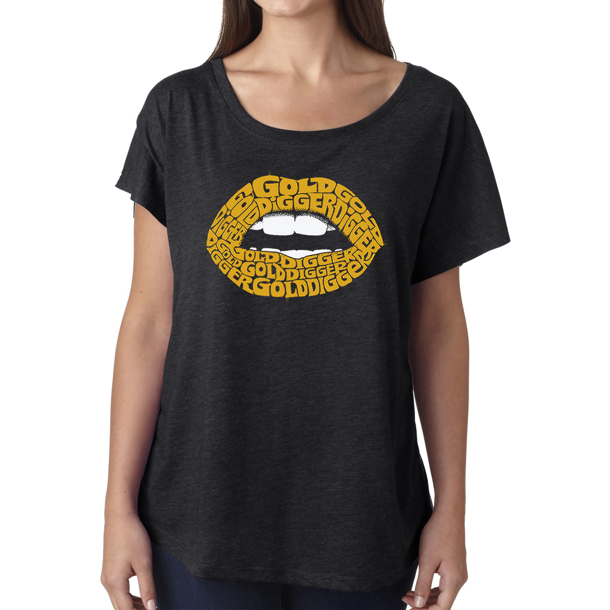 LA Pop Art Women's Dolman Word Shirt - Gold Digger Lips