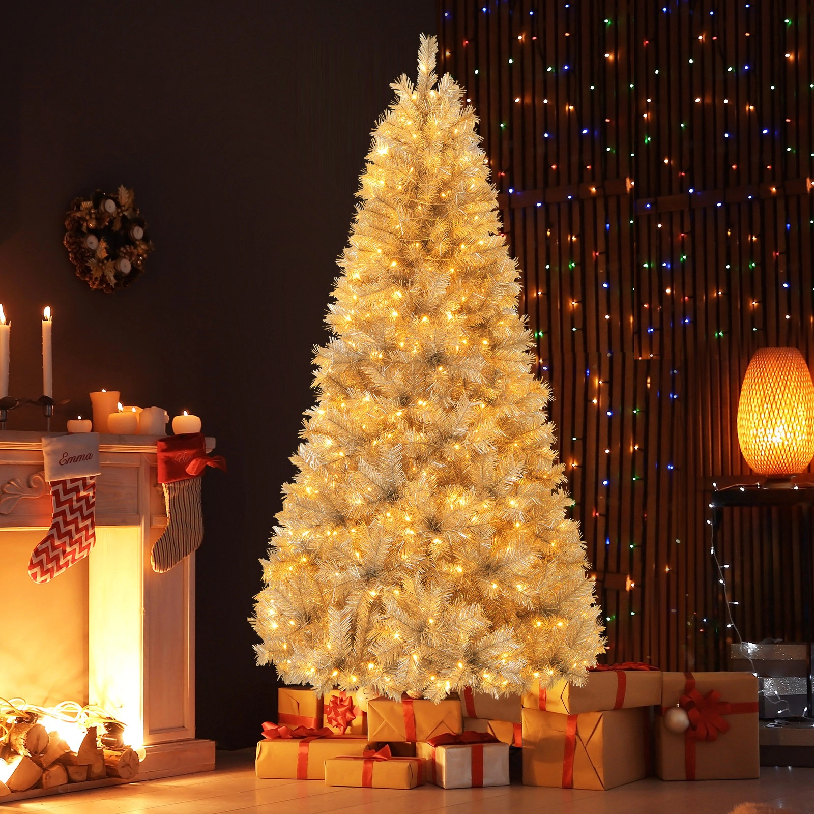 SUGIFT Artificial Xmas Tree with Branch Tips and Warm White LED Lights 7-ft Silver