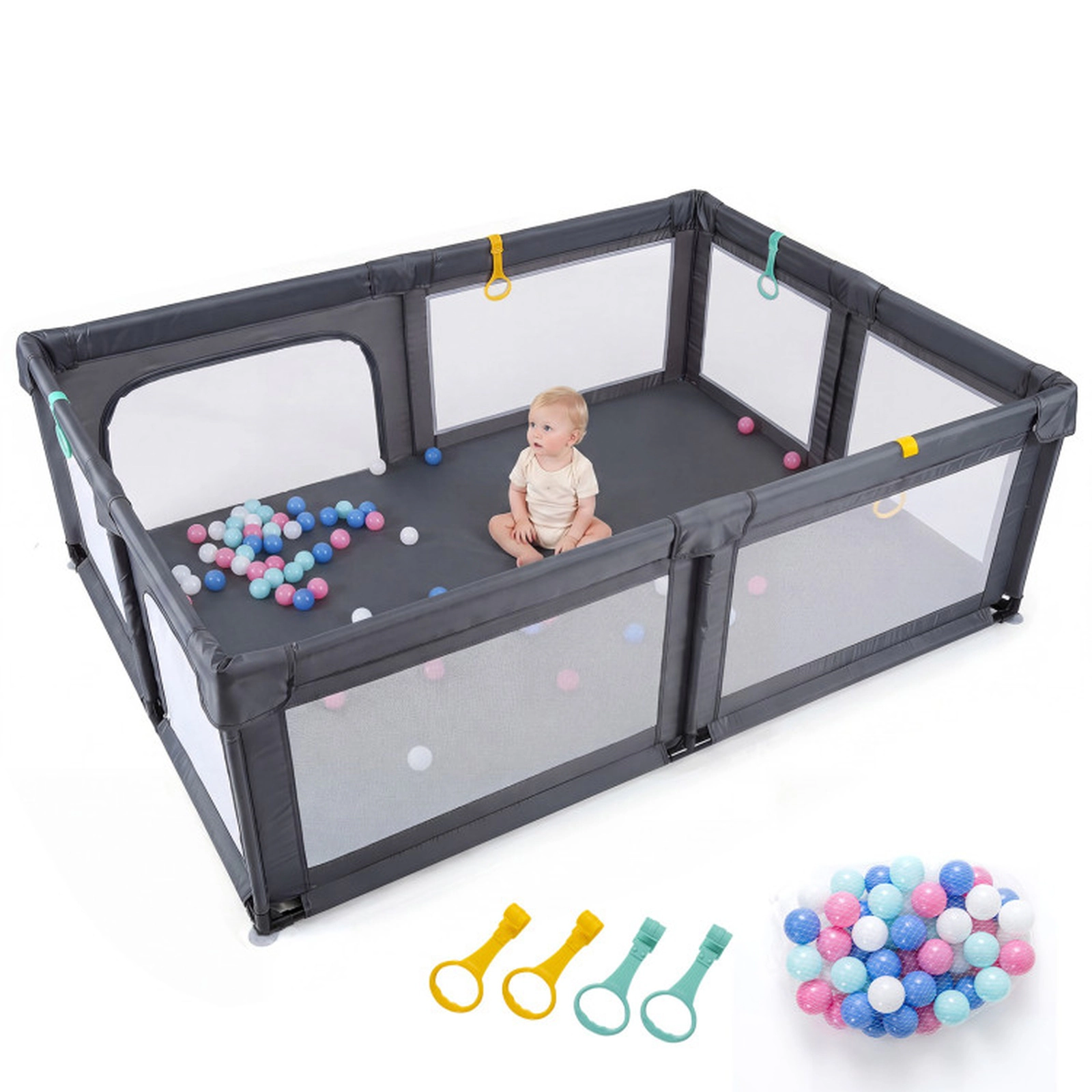 SUGIFT 79-in Sponge Padded Baby Playpen with Wear-Resistant Oxford Anti-Slip Suction Cups and 50 Ocean Balls